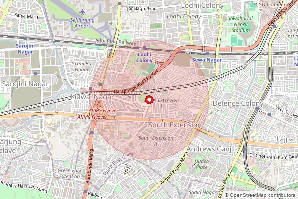 Map showing approximate area covered by Pincode 110023 — Sarojini Nagar Ho, New Delhi