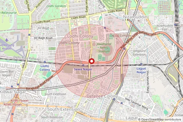 Map showing approximate area covered by Pincode 110024 — Amar Colony So, South East