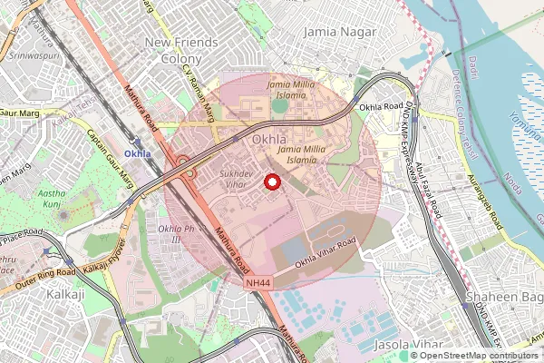 Map showing approximate area covered by Pincode 110025 — Jamia Nagar So, South East