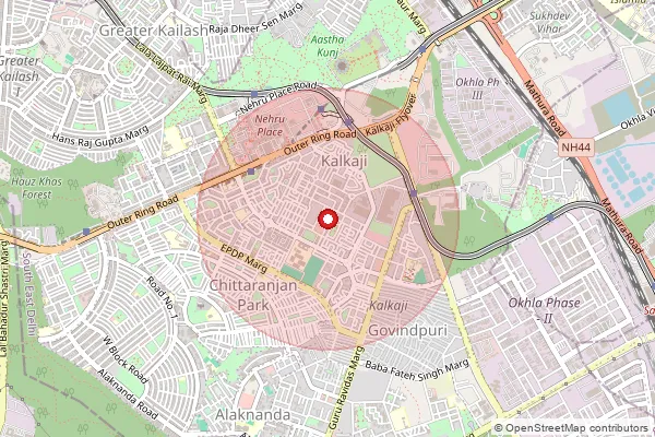 Map showing approximate area covered by Pincode 110119 — Kalkaji Ndc, South East