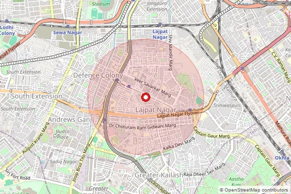Map showing approximate area covered by Pincode 110124 — Lajpat Nagar Ndc, South