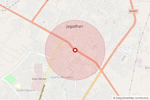 Map showing approximate area covered by Pincode 135002 — Damla B.O, Yamunanagar