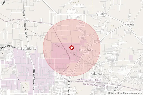 Map showing approximate area covered by Pincode 141007 — Boothgarh Bo, Ludhiana