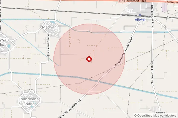 Map showing approximate area covered by Pincode 142053 — Ajitwal Bo, Moga