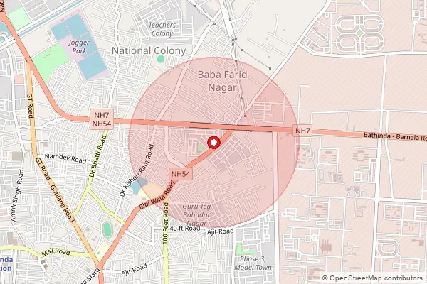 Map showing approximate area covered by Pincode 151001 — Bathinda Ho, Bathinda