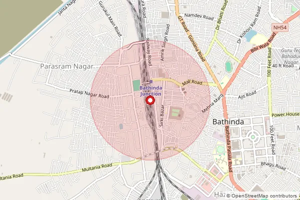 Map showing approximate area covered by Pincode 151002 — Deon Bo, Bathinda