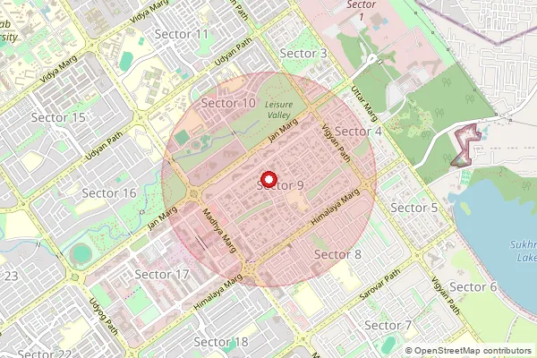 Map showing approximate area covered by Pincode 160009 — Sector 9 Chandigarh So, Chandigarh