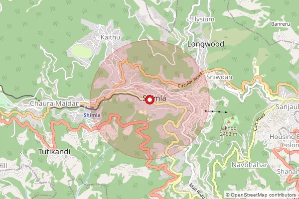Map showing approximate area covered by Pincode 171001 — Shimla Gpo, Shimla