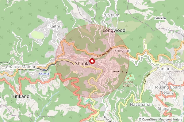 Map showing approximate area covered by Pincode 171002 — Shimla East So, Shimla