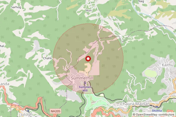 Map showing approximate area covered by Pincode 171005 — Chaili Bo, Shimla