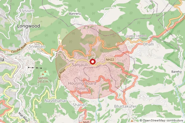 Map showing approximate area covered by Pincode 171006 — Malyana Bo, Shimla