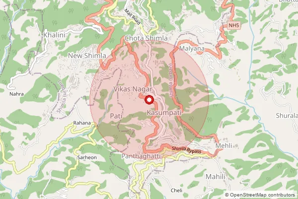 Map showing approximate area covered by Pincode 171009 — Rajhana Bo, Shimla