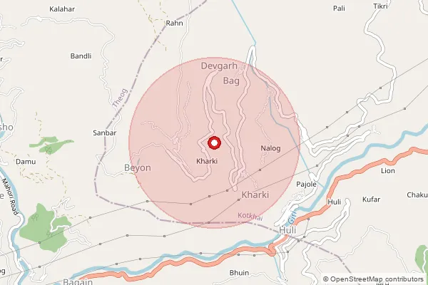 Map showing approximate area covered by Pincode 171013 — Beolia Bo, Shimla