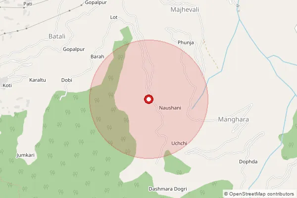 Map showing approximate area covered by Pincode 172001 — Rampur Bushahr Ho, Shimla