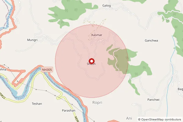 Map showing approximate area covered by Pincode 172025 — Kandagai Bo, Kullu