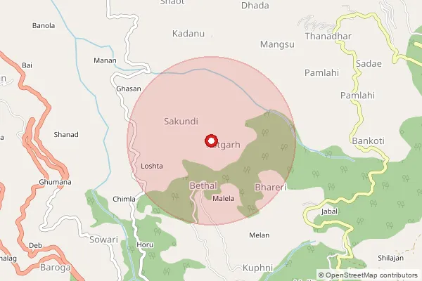 Map showing approximate area covered by Pincode 172031 — Kotgarh So, Shimla