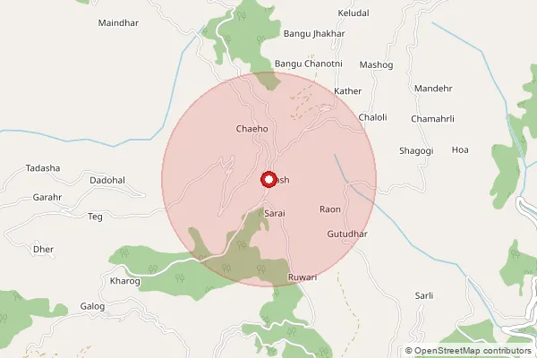 Map showing approximate area covered by Pincode 172033 — Tandi Bo, Kullu