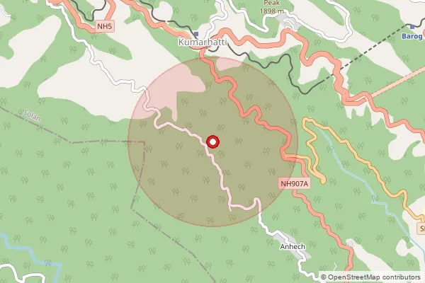 Map showing approximate area covered by Pincode 173210 — Dagshai So, Solan
