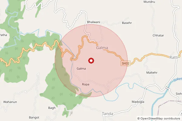 Map showing approximate area covered by Pincode 175008 — Sadhyani Bo, Mandi