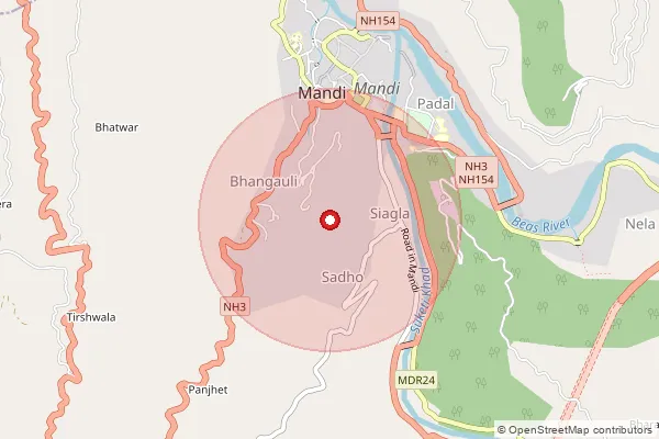Map showing approximate area covered by Pincode 175009 — Alsindi Bo, Mandi