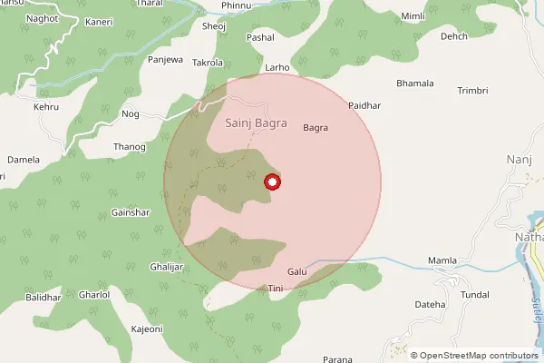 Map showing approximate area covered by Pincode 175011 — Kaw Bo, Mandi