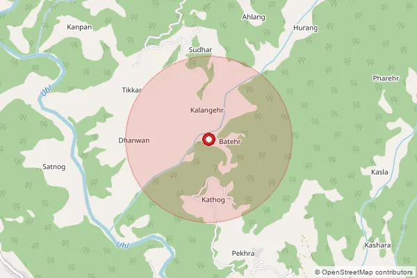 Map showing approximate area covered by Pincode 175012 — Kunnu Bo, Mandi