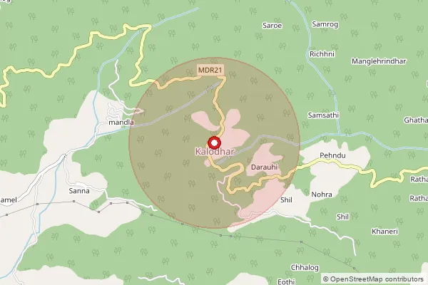 Map showing approximate area covered by Pincode 175022 — Kelodhar, Mandi