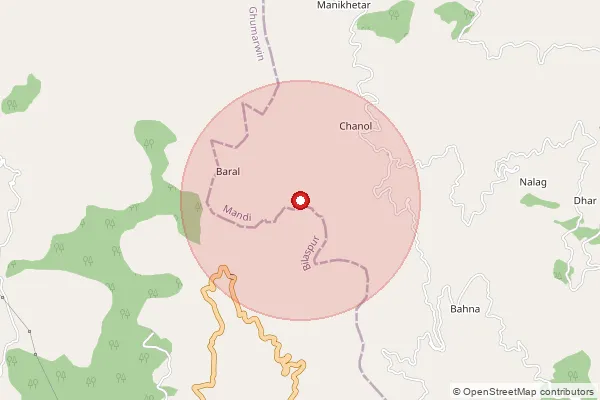 Map showing approximate area covered by Pincode 175030 — Baroti Bo, Mandi