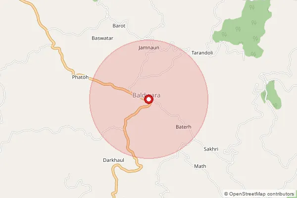 Map showing approximate area covered by Pincode 175033 — Bahnu Bo, Mandi