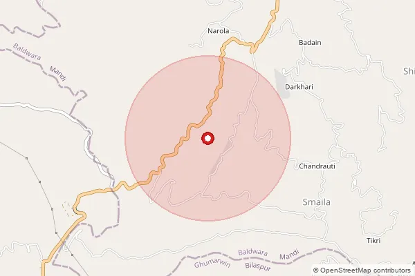 Map showing approximate area covered by Pincode 175034 — Bachwan Bo, Mandi