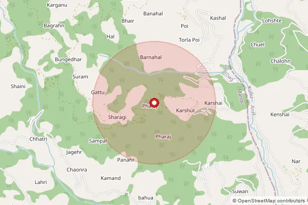 Map showing approximate area covered by Pincode 175047 — Chathri Bo, Mandi