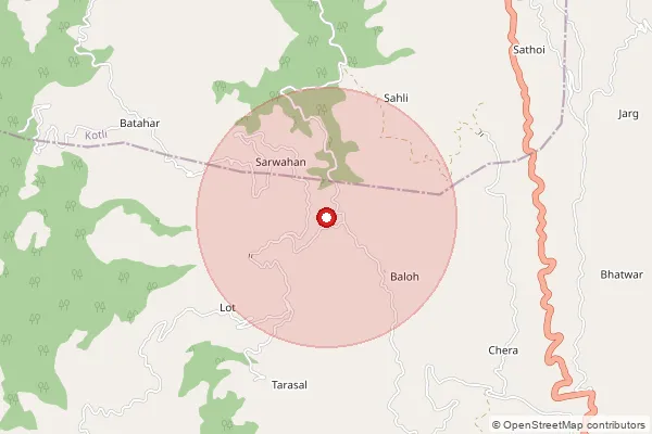 Map showing approximate area covered by Pincode 175052 — Baryara Bo, Mandi