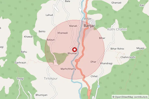 Map showing approximate area covered by Pincode 175123 — Bachoot Bo, Kullu