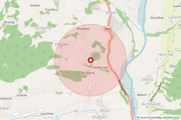 Map showing approximate area covered by Pincode 175129 — Baragaon Bo, Kullu
