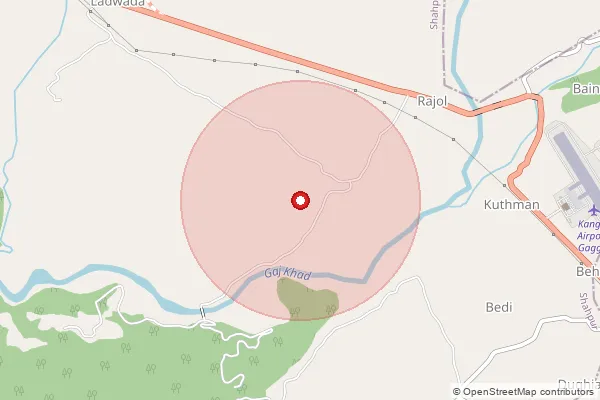 Map showing approximate area covered by Pincode 176036 — Digger Bo, Kangra