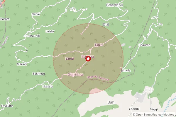 Map showing approximate area covered by Pincode 176047 — Jalot Bo, Kangra