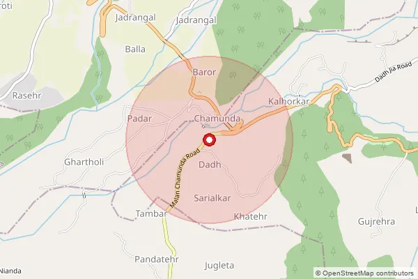 Map showing approximate area covered by Pincode 176052 — Kardiana Bo, Kangra
