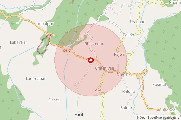 Map showing approximate area covered by Pincode 176059 — Chachian So, Kangra