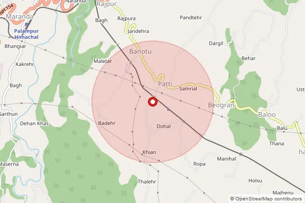 Map showing approximate area covered by Pincode 176067 — Patti Bo, Kangra