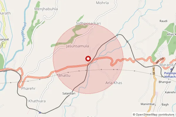 Map showing approximate area covered by Pincode 176071 — Bhullanaso So, Kangra