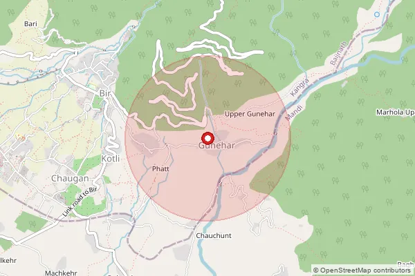 Map showing approximate area covered by Pincode 176077 — Gunehar Bo, Kangra