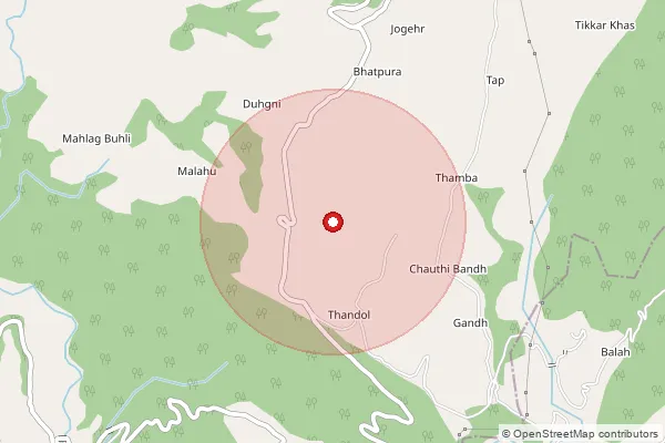 Map showing approximate area covered by Pincode 176087 — Thandole Bo, Kangra