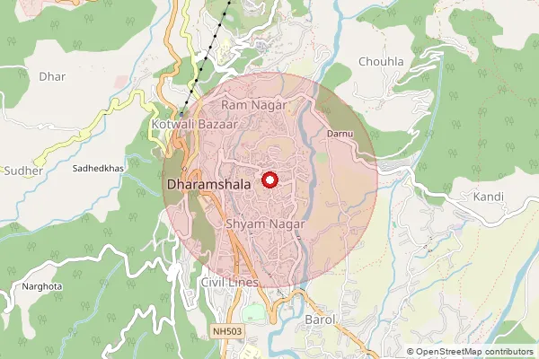 Map showing approximate area covered by Pincode 176215 — Dharamsala Ho, Kangra
