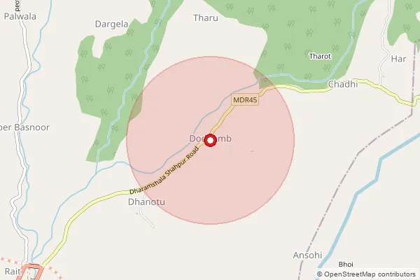 Map showing approximate area covered by Pincode 176217 — Dodhamb Bo, Kangra
