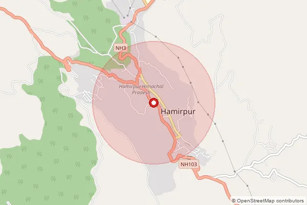 Map showing approximate area covered by Pincode 177020 — Amroh Bo, Hamirpur