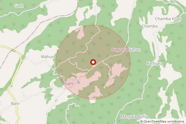 Map showing approximate area covered by Pincode 177108 — Maira Bani Bo, Kangra