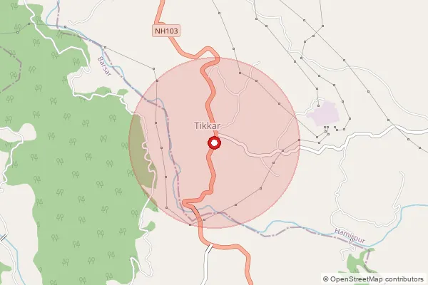 Map showing approximate area covered by Pincode 177401 — Dhanwin Bo, Hamirpur