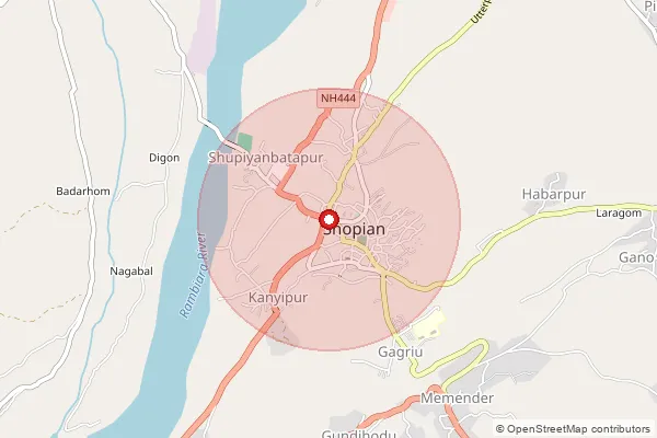 पिनकोड 192303 — Shopian Sub Office, Shopian द्वारे समाविष्ट केलेले अंदाजे क्षेत्र दर्शवणारा नकाशा