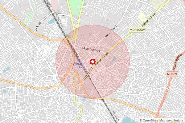 Map showing approximate area covered by Pincode 202001 — Aligarh Ho, Aligarh