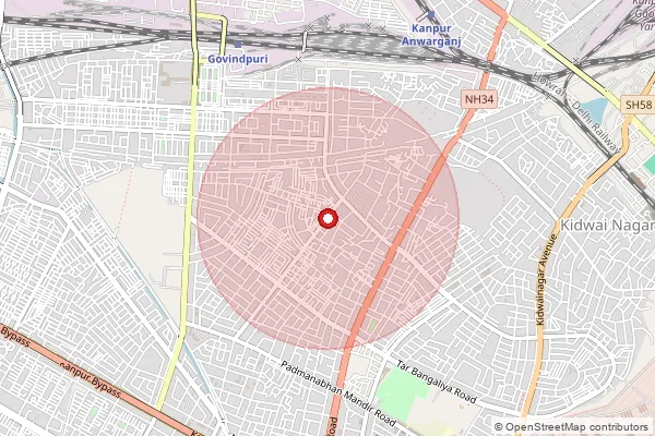 Map showing approximate area covered by Pincode 208014 — Juhi Colony So, Kanpur Nagar